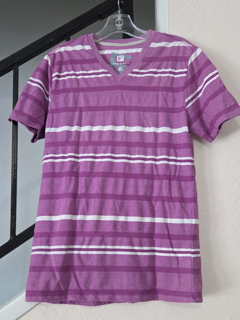 Fission Men's Purple & White Striped V-Neck Tee